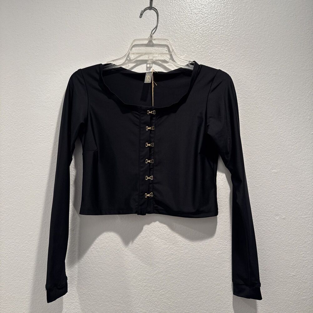 Luna Cara Women’s Size Small Cropped Long Sleeve Swim Top Black Gold Sexy‎